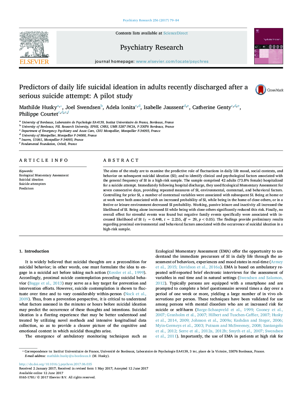 Predictors of daily life suicidal ideation in adults recently discharged after a serious suicide attempt: A pilot study