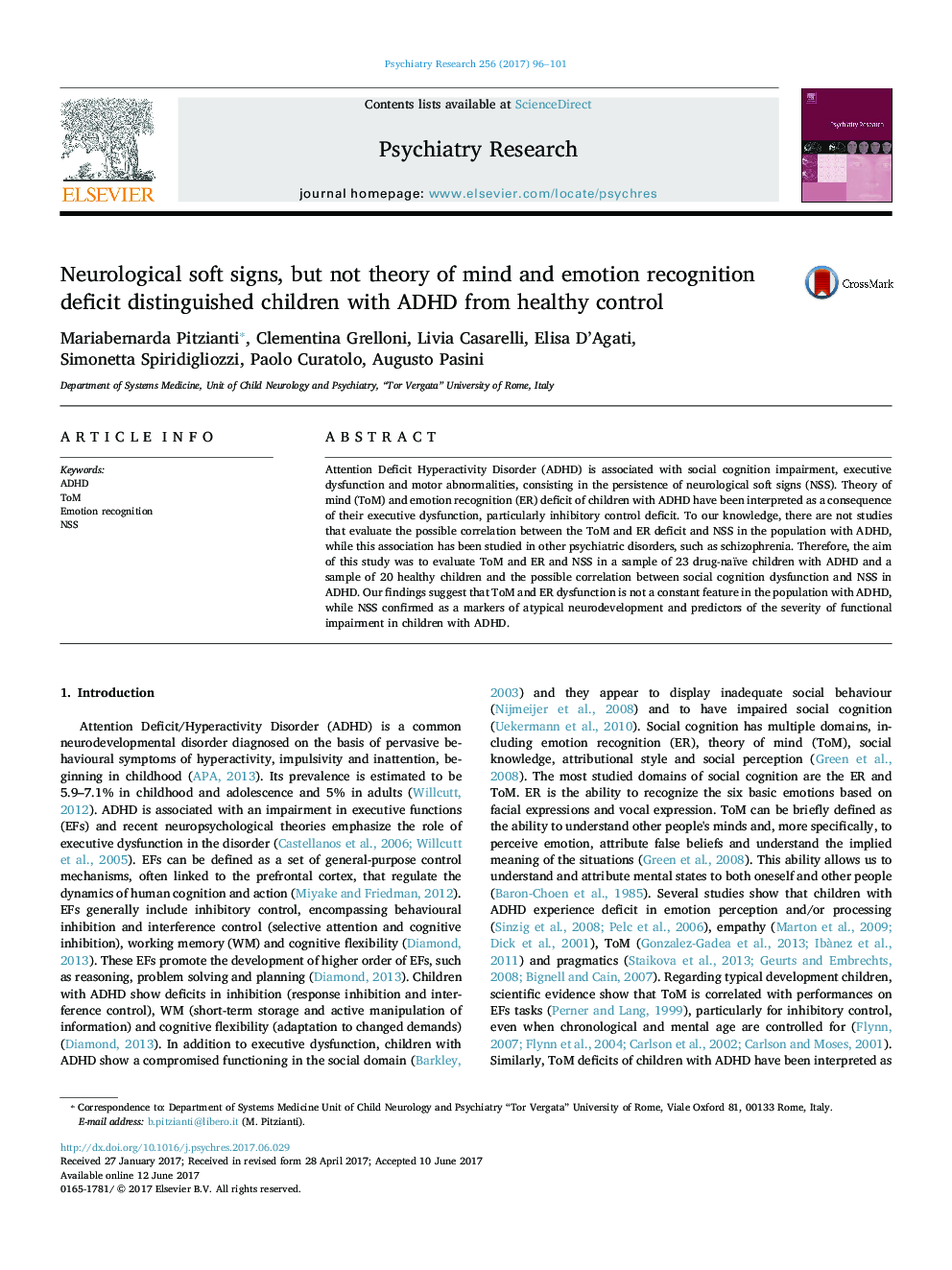 Neurological soft signs, but not theory of mind and emotion recognition deficit distinguished children with ADHD from healthy control