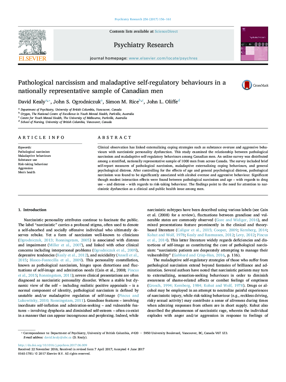 Pathological narcissism and maladaptive self-regulatory behaviours in a nationally representative sample of Canadian men