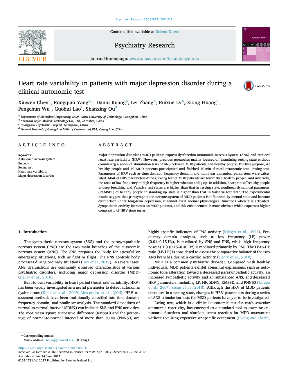 Heart rate variability in patients with major depression disorder during a clinical autonomic test