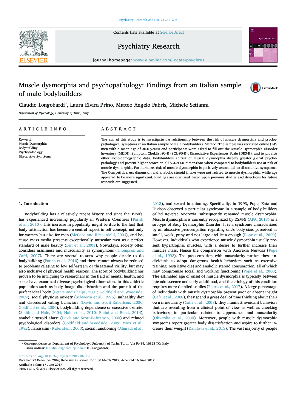 Muscle dysmorphia and psychopathology: Findings from an Italian sample of male bodybuilders