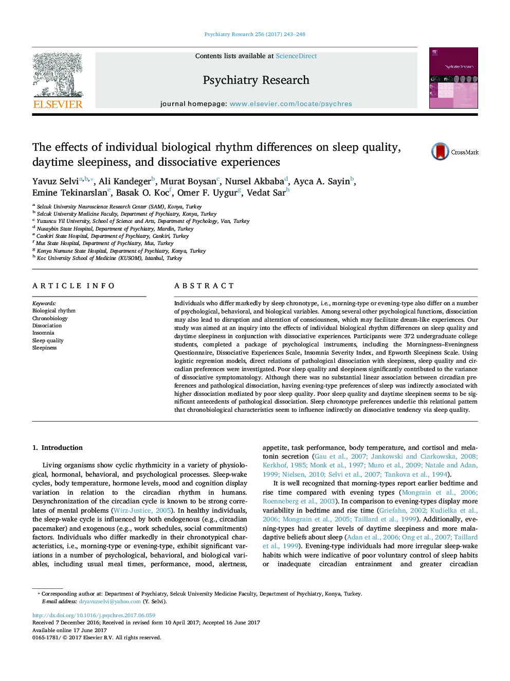 The effects of individual biological rhythm differences on sleep quality, daytime sleepiness, and dissociative experiences