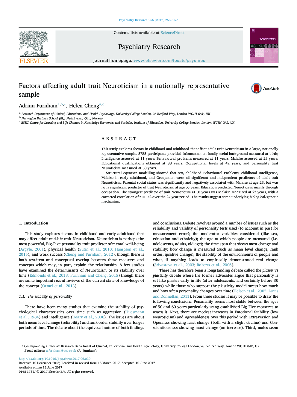 Factors affecting adult trait Neuroticism in a nationally representative sample