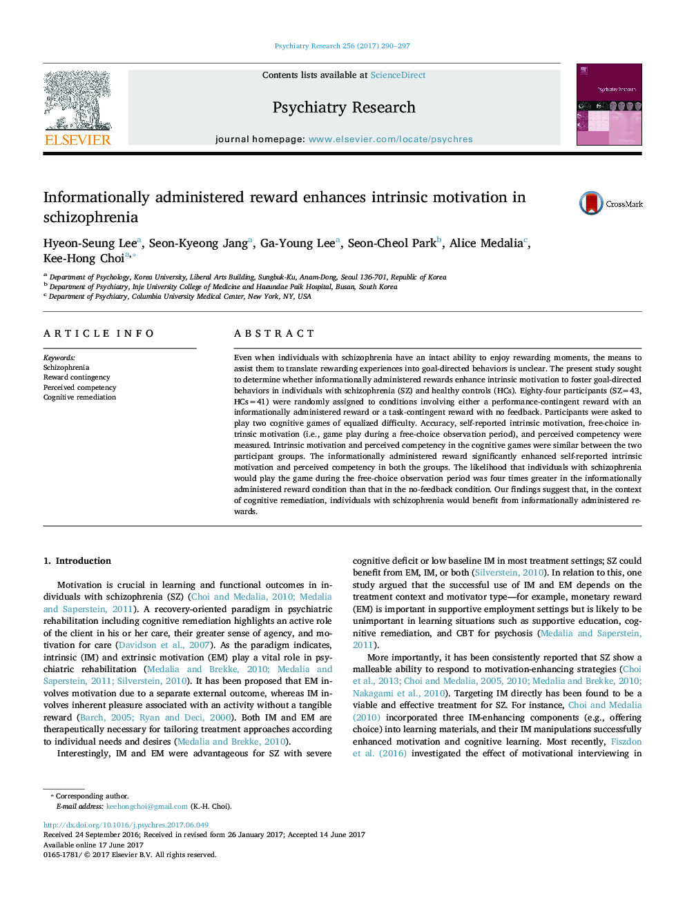 Informationally administered reward enhances intrinsic motivation in schizophrenia