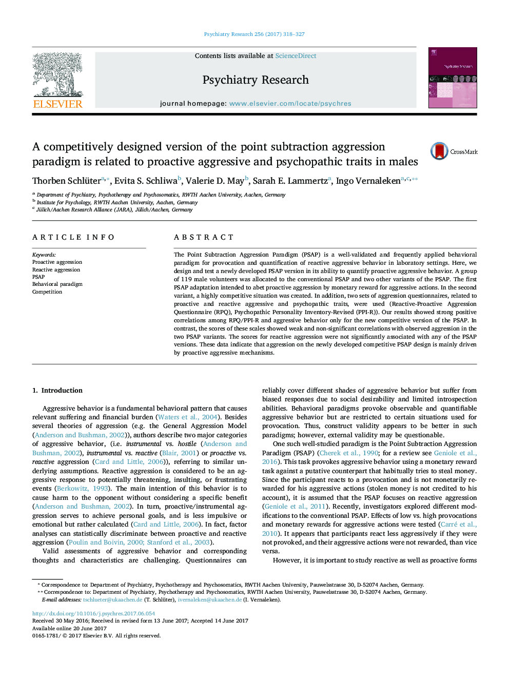 A competitively designed version of the point subtraction aggression paradigm is related to proactive aggressive and psychopathic traits in males