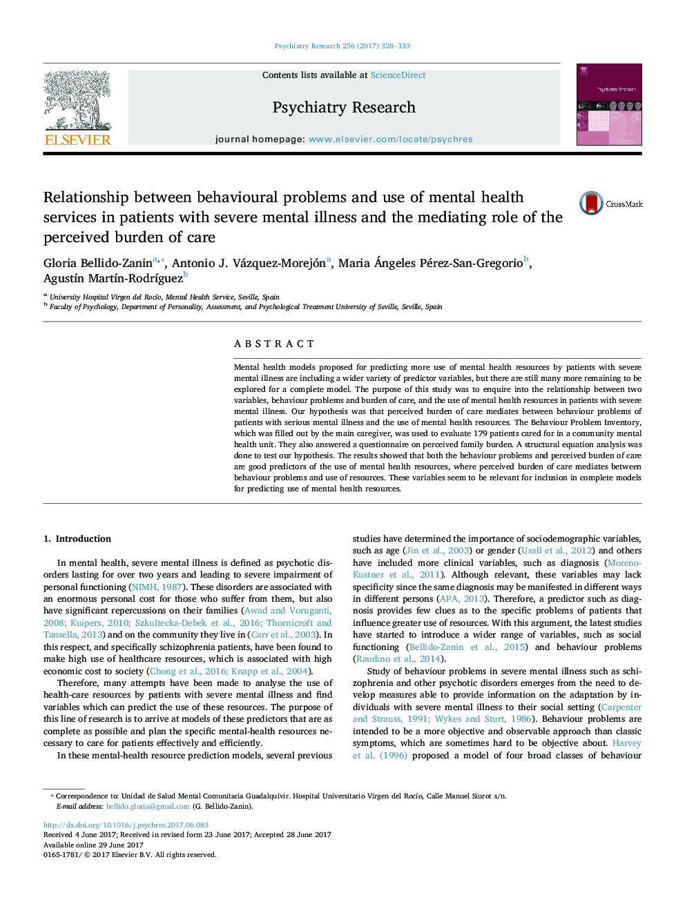 Relationship between behavioural problems and use of mental health services in patients with severe mental illness and the mediating role of the perceived burden of care