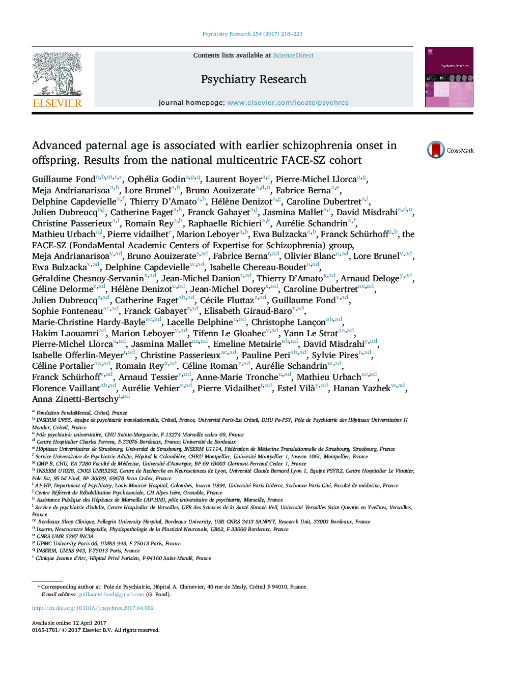 Advanced paternal age is associated with earlier schizophrenia onset in offspring. Results from the national multicentric FACE-SZ cohort