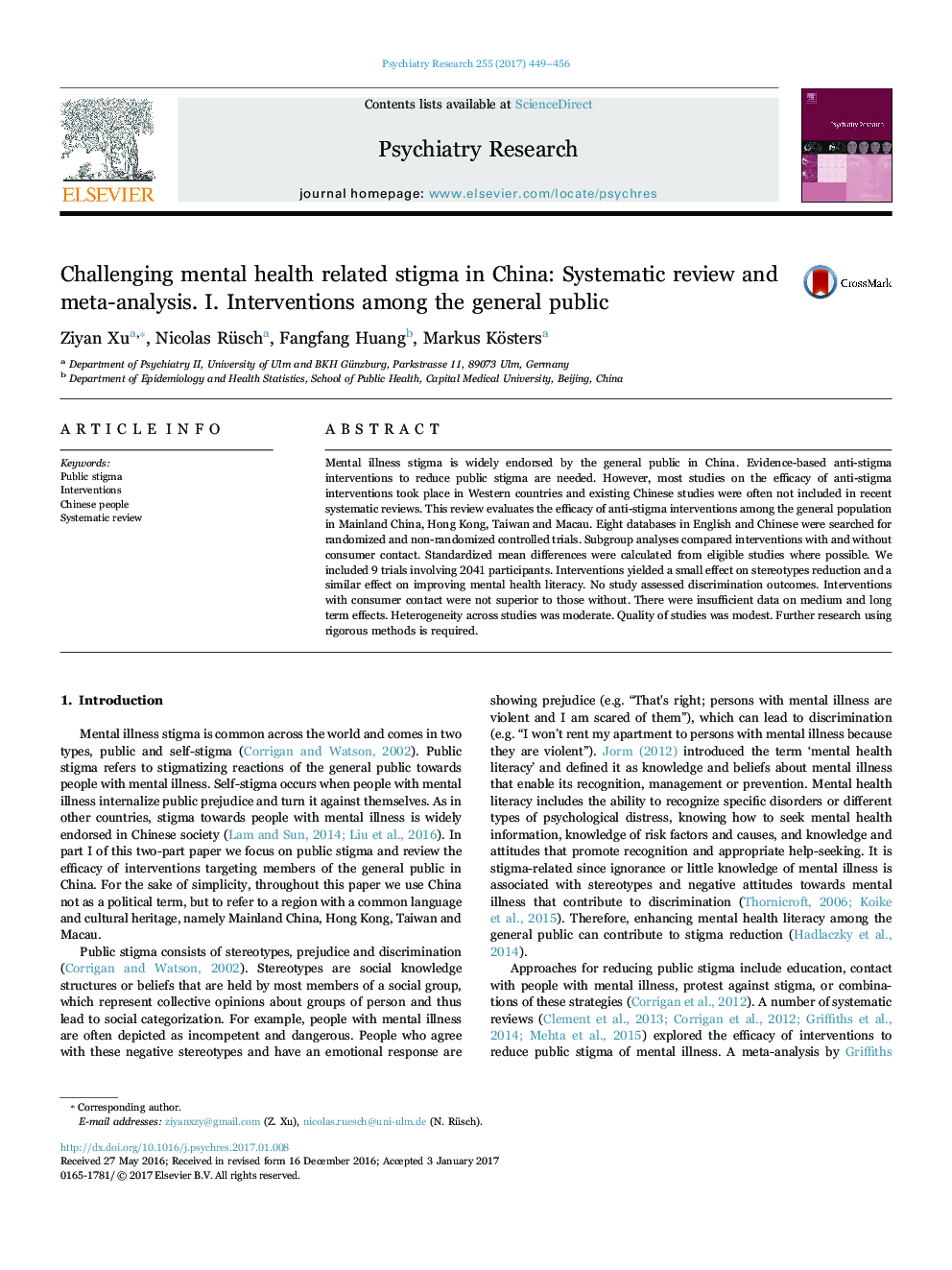 Challenging mental health related stigma in China: Systematic review and meta-analysis. I. Interventions among the general public