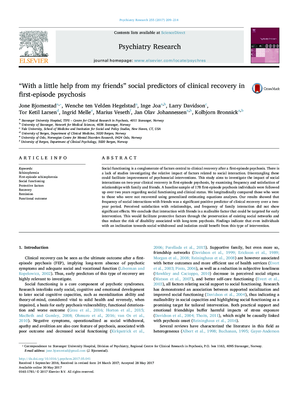 “With a little help from my friends” social predictors of clinical recovery in first-episode psychosis