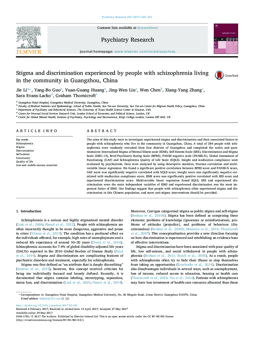 Stigma and discrimination experienced by people with schizophrenia living in the community in Guangzhou, China