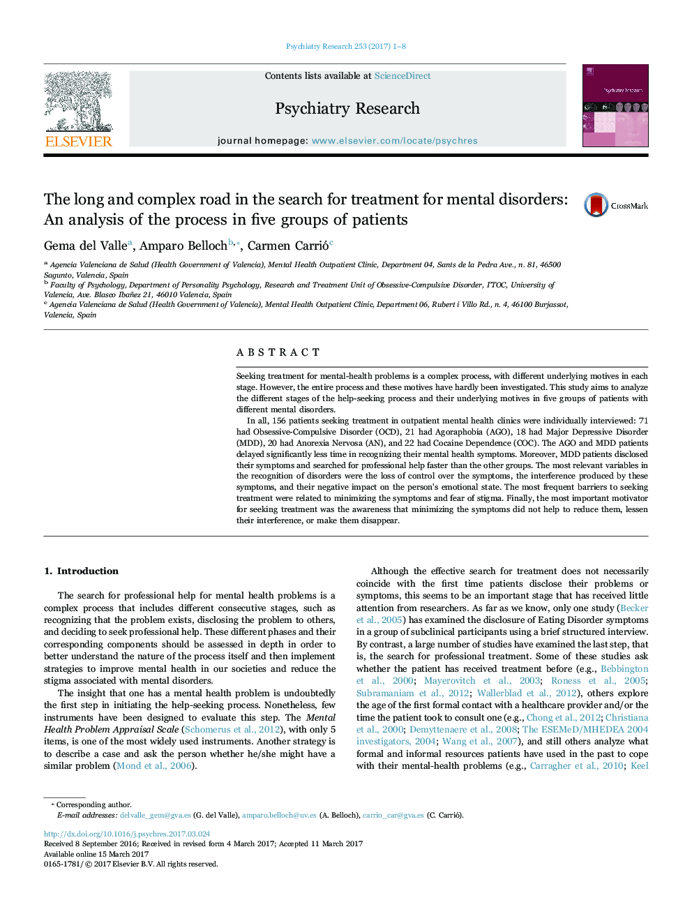 The long and complex road in the search for treatment for mental disorders: An analysis of the process in five groups of patients