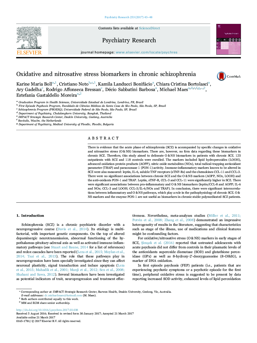 Oxidative and nitrosative stress biomarkers in chronic schizophrenia