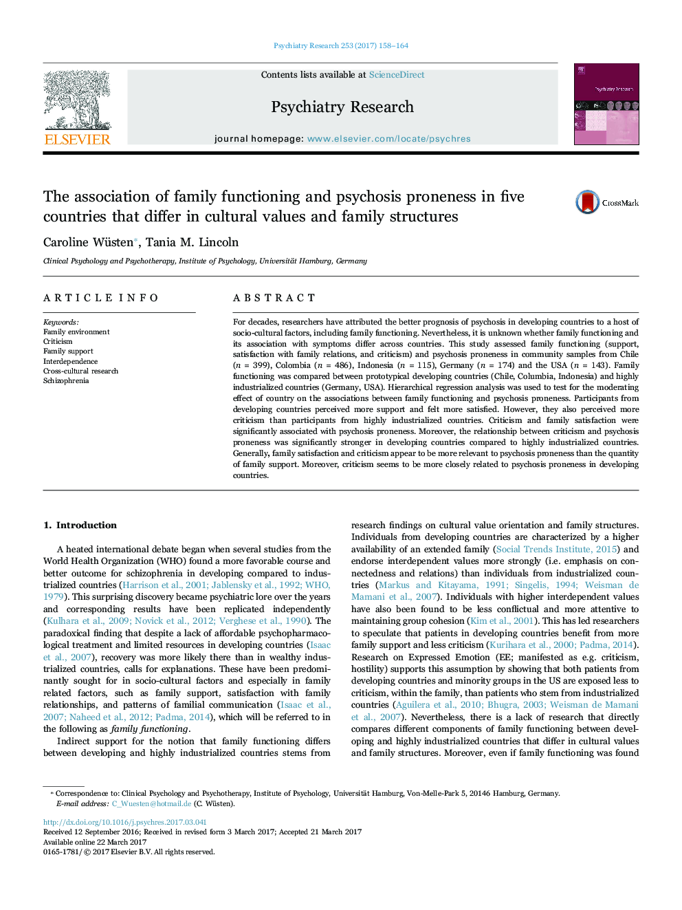 The association of family functioning and psychosis proneness in five countries that differ in cultural values and family structures