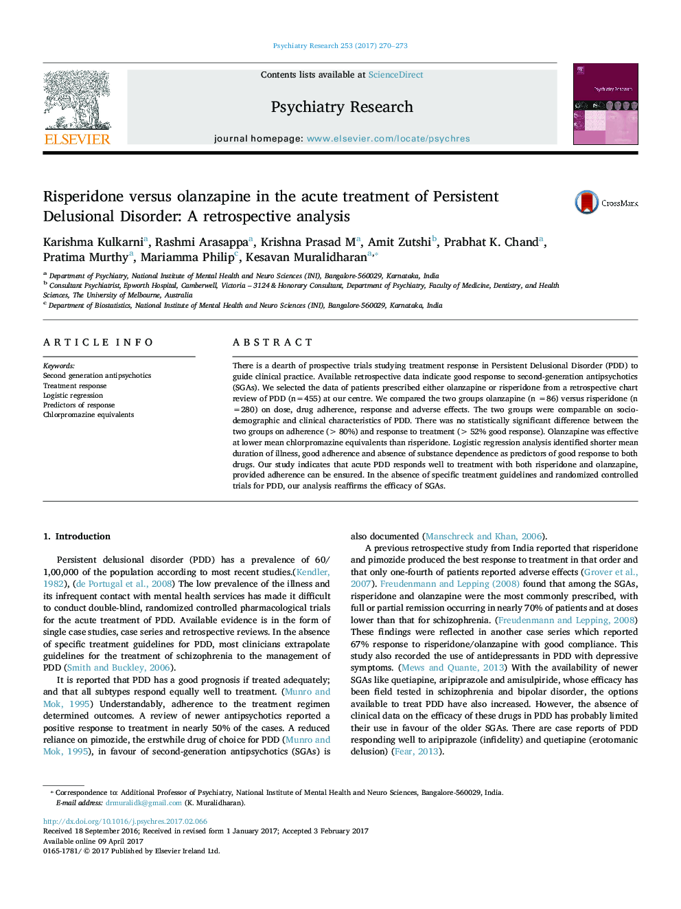 Risperidone versus olanzapine in the acute treatment of Persistent Delusional Disorder: A retrospective analysis