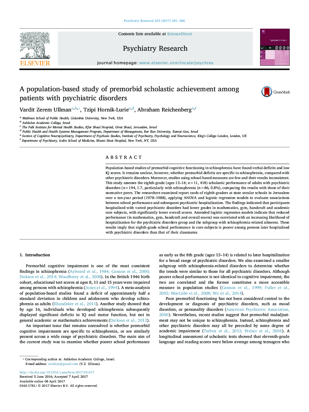 A population-based study of premorbid scholastic achievement among patients with psychiatric disorders