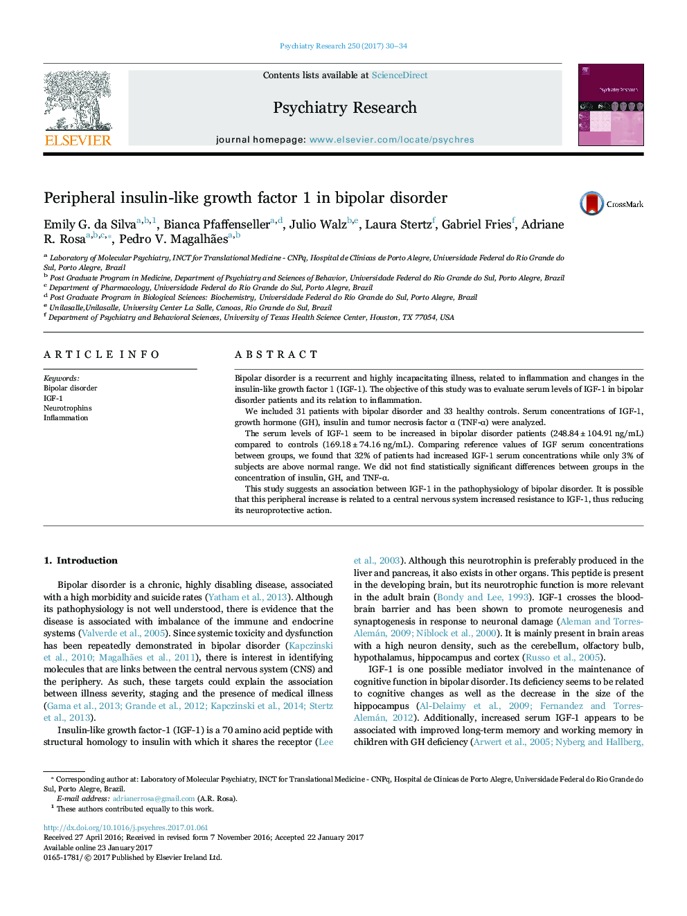 Peripheral insulin-like growth factor 1 in bipolar disorder