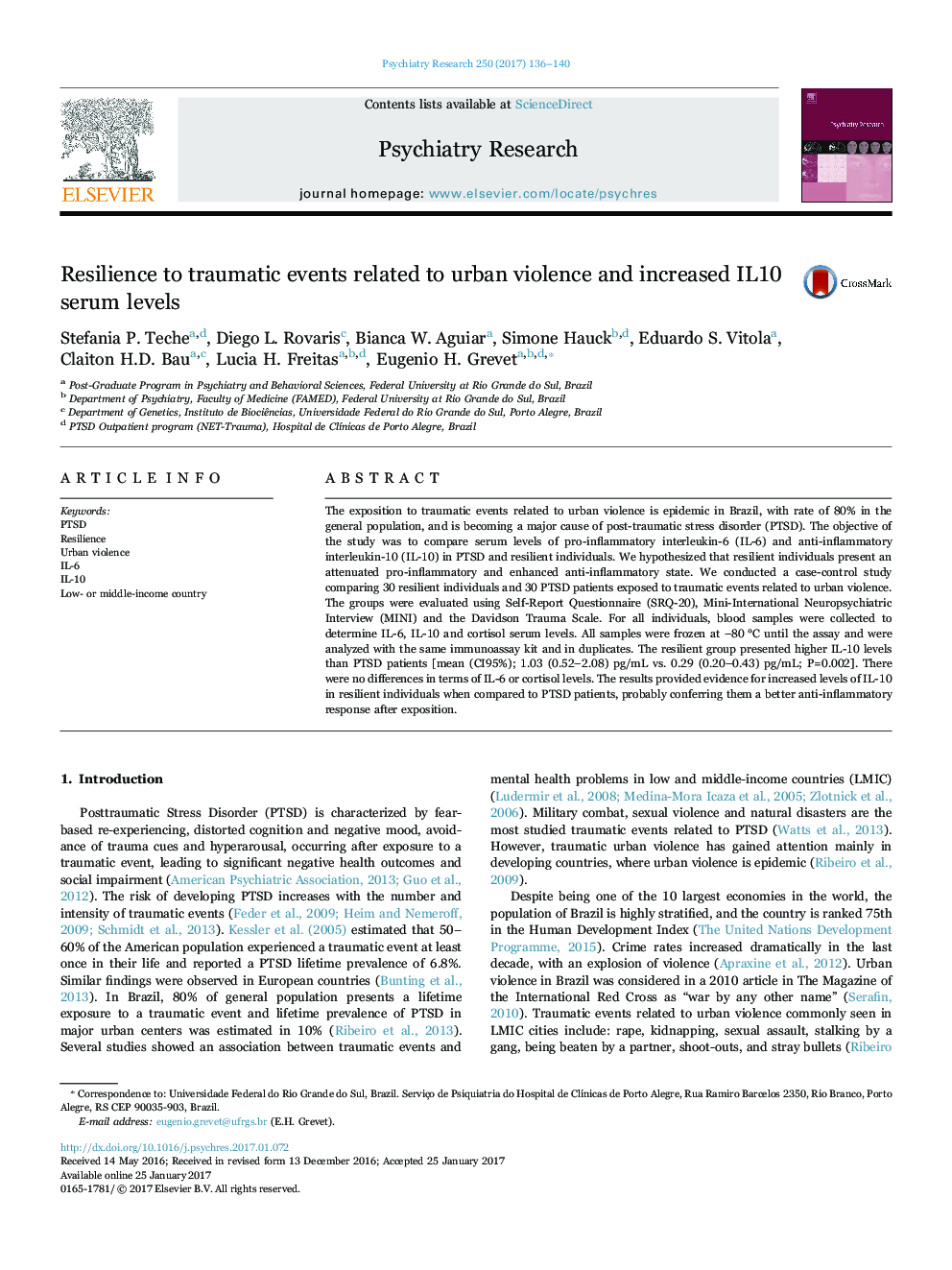 Resilience to traumatic events related to urban violence and increased IL10 serum levels