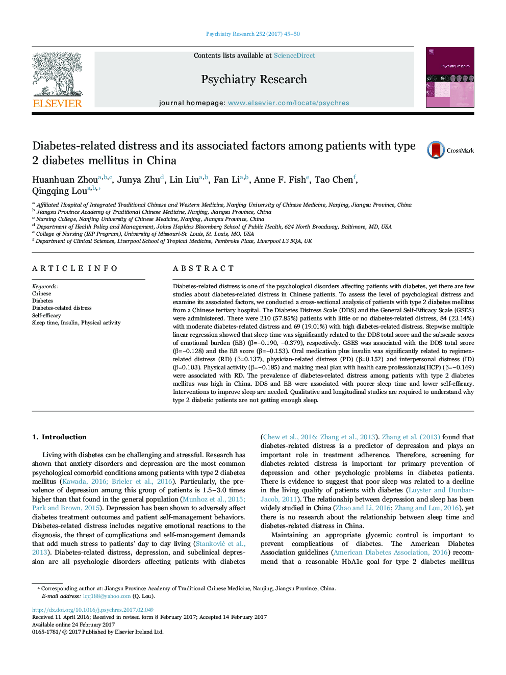 Diabetes-related distress and its associated factors among patients with type 2 diabetes mellitus in China