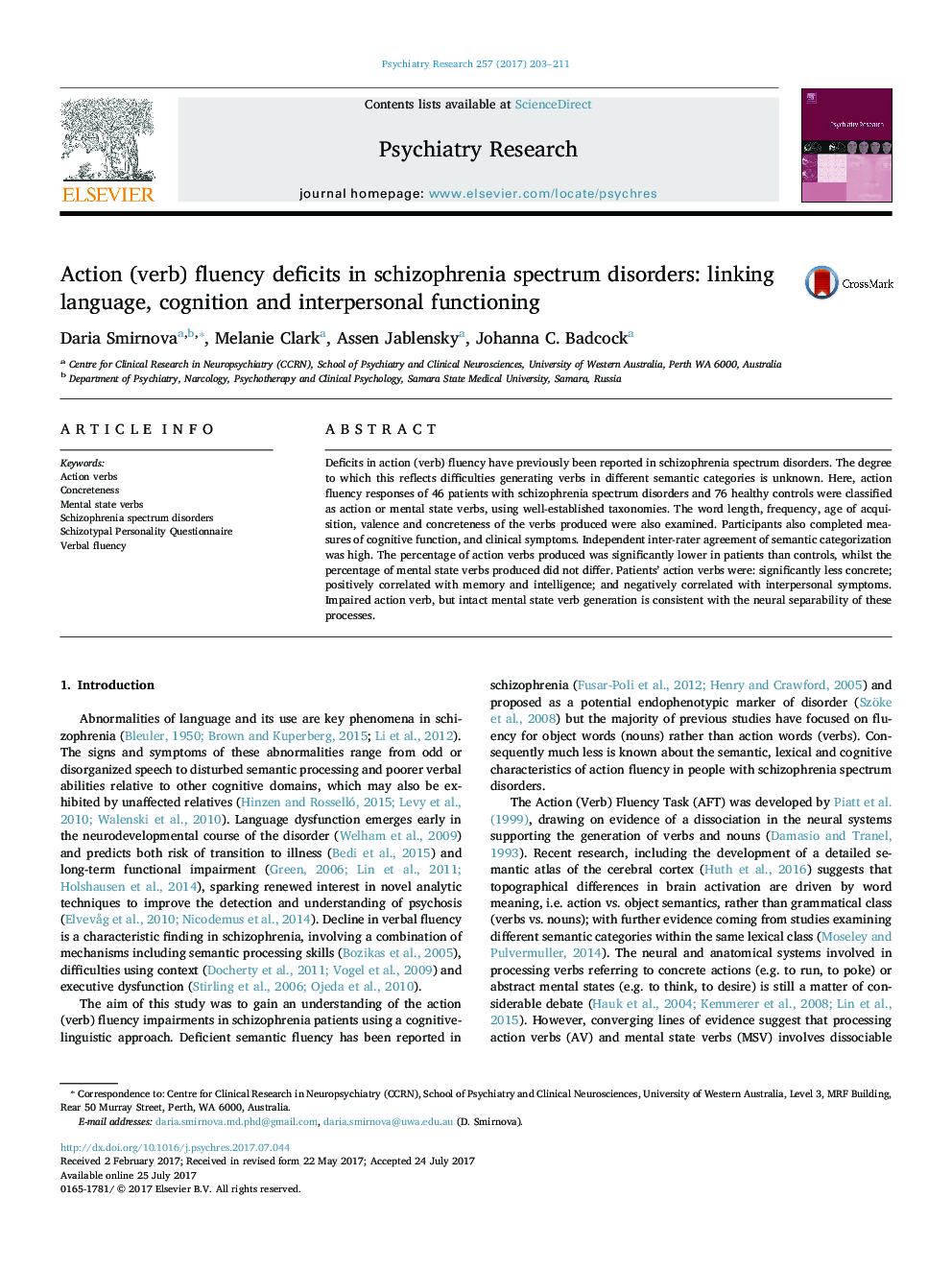 Action (verb) fluency deficits in schizophrenia spectrum disorders: linking language, cognition and interpersonal functioning