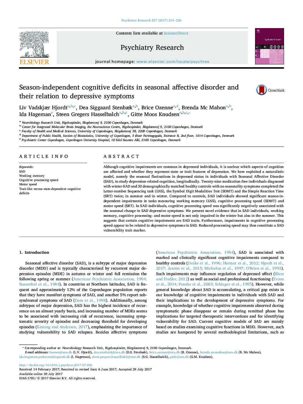 Season-independent cognitive deficits in seasonal affective disorder and their relation to depressive symptoms