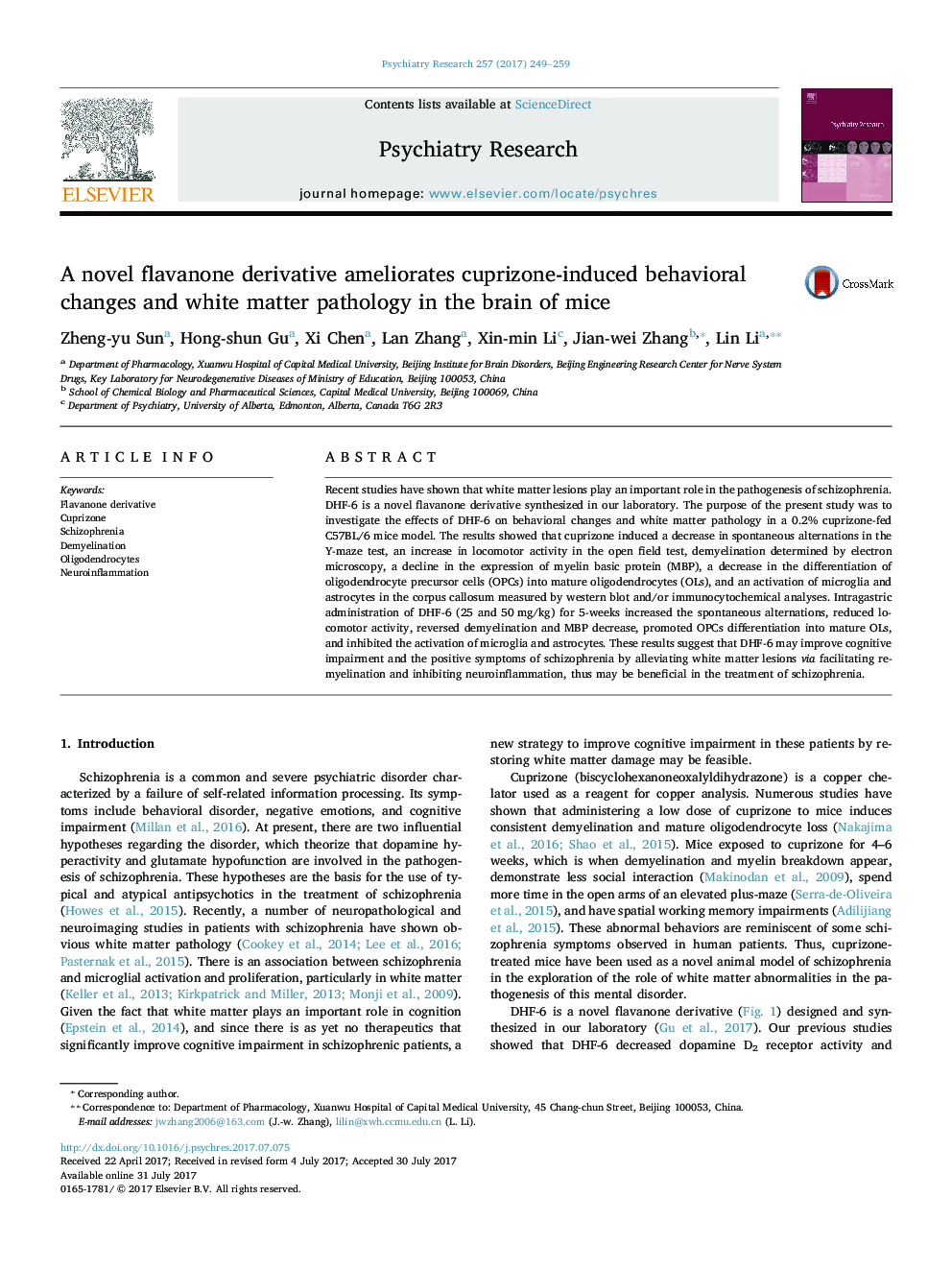 A novel flavanone derivative ameliorates cuprizone-induced behavioral changes and white matter pathology in the brain of mice