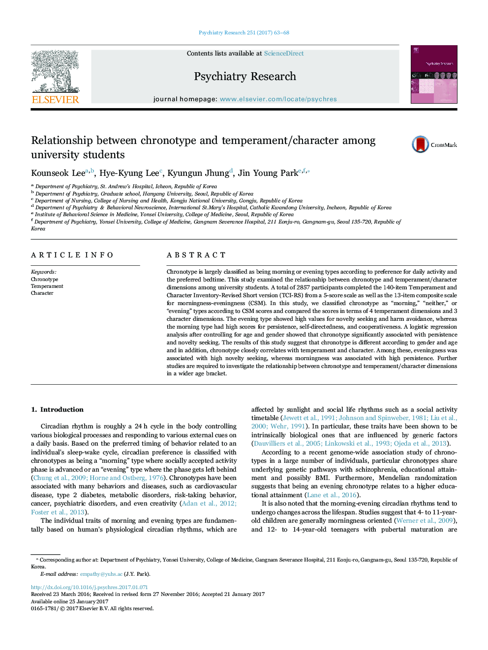 Relationship between chronotype and temperament/character among university students