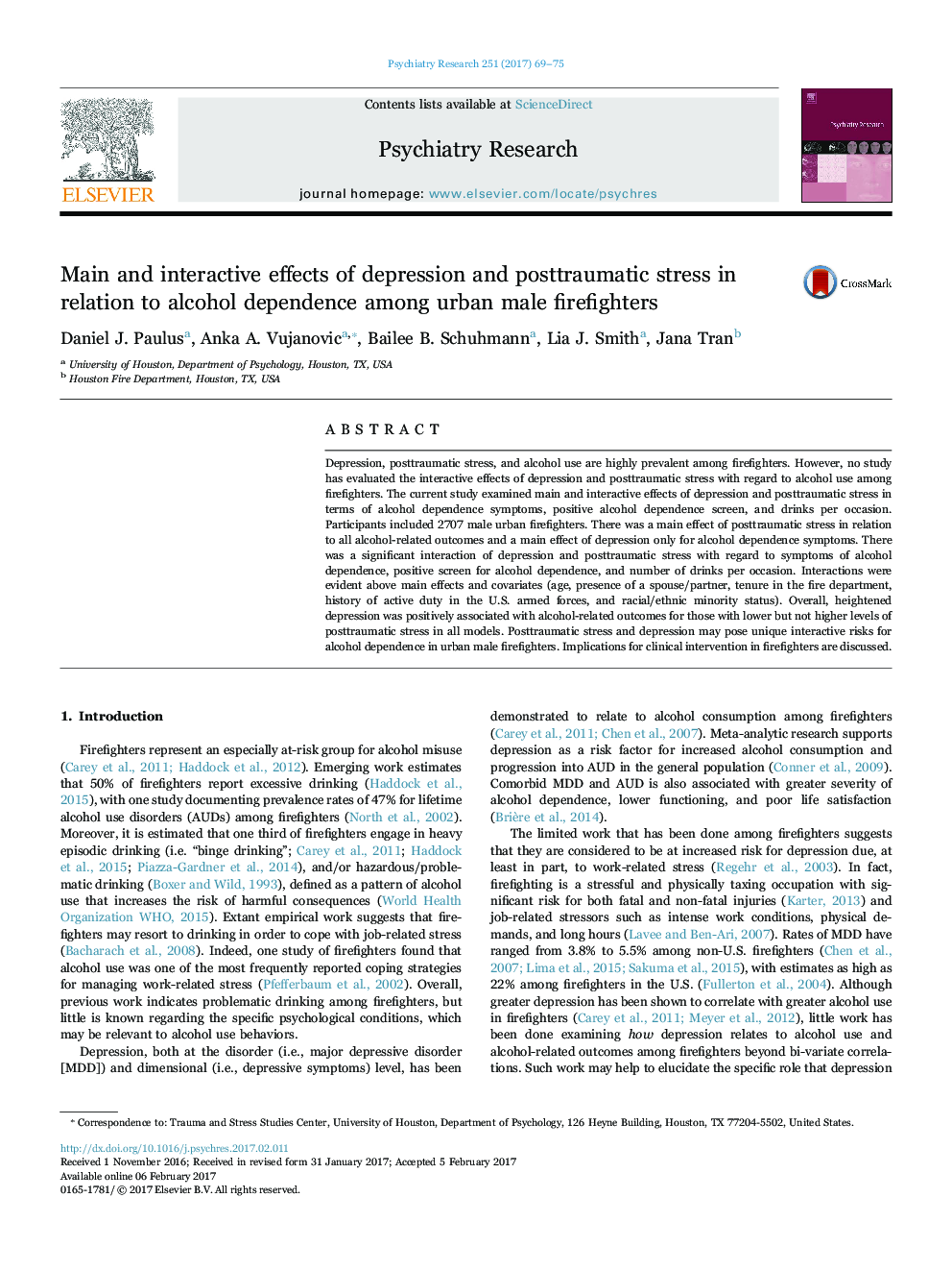 Main and interactive effects of depression and posttraumatic stress in relation to alcohol dependence among urban male firefighters