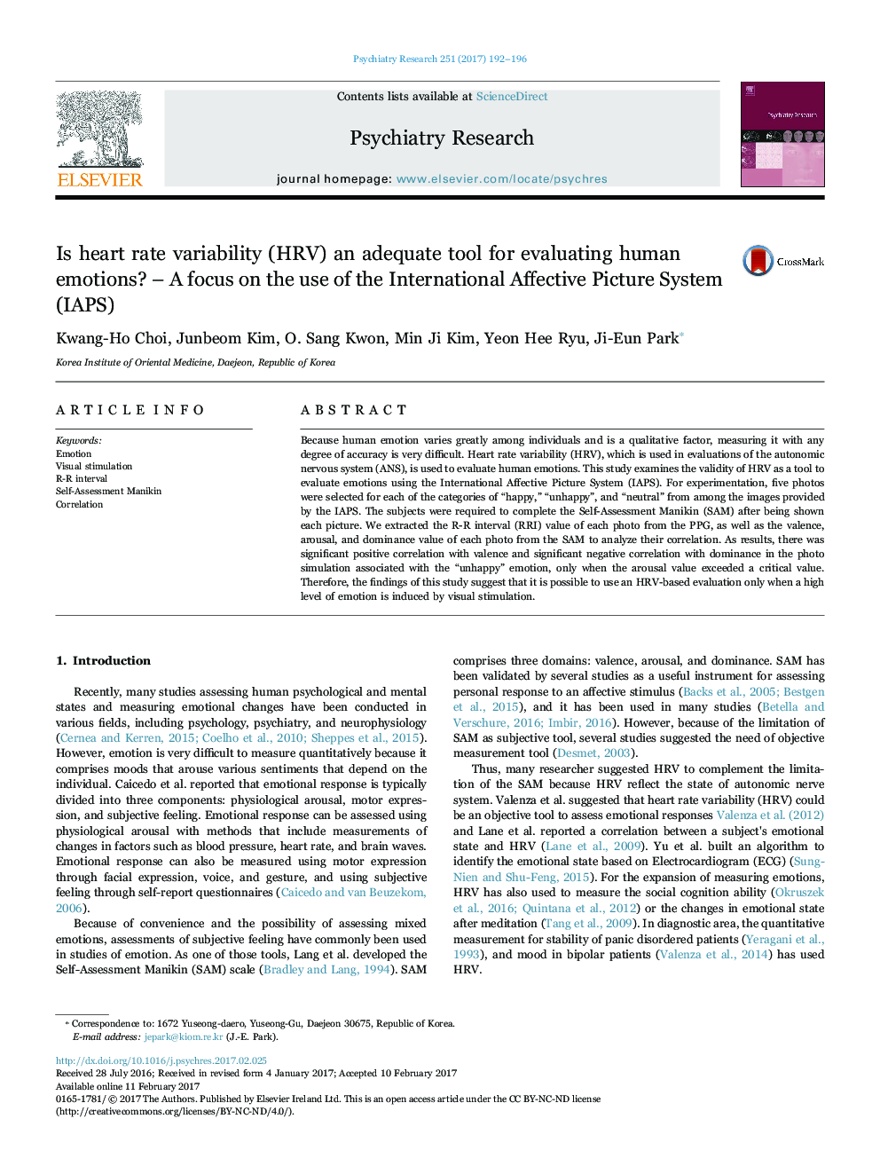 Is heart rate variability (HRV) an adequate tool for evaluating human emotions? - A focus on the use of the International Affective Picture System (IAPS)