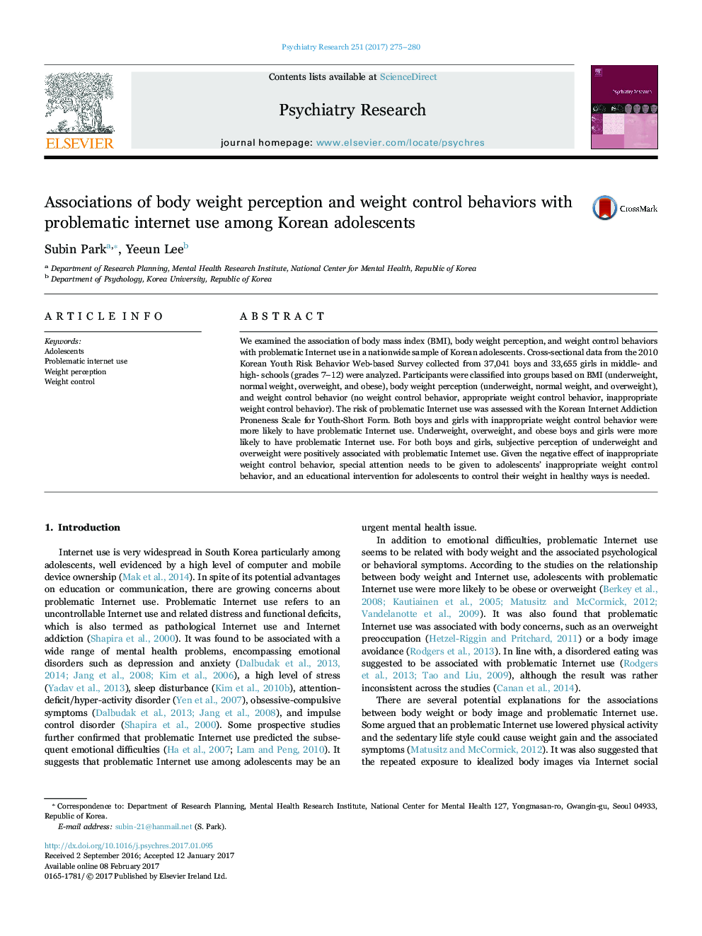 Associations of body weight perception and weight control behaviors with problematic internet use among Korean adolescents