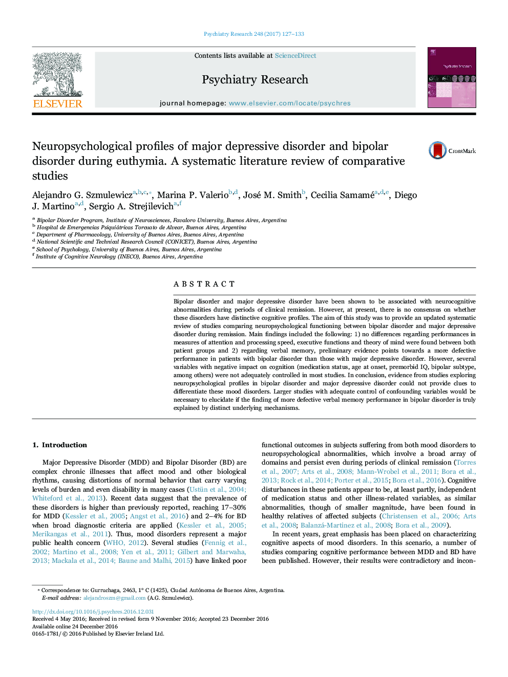 Neuropsychological profiles of major depressive disorder and bipolar disorder during euthymia. A systematic literature review of comparative studies