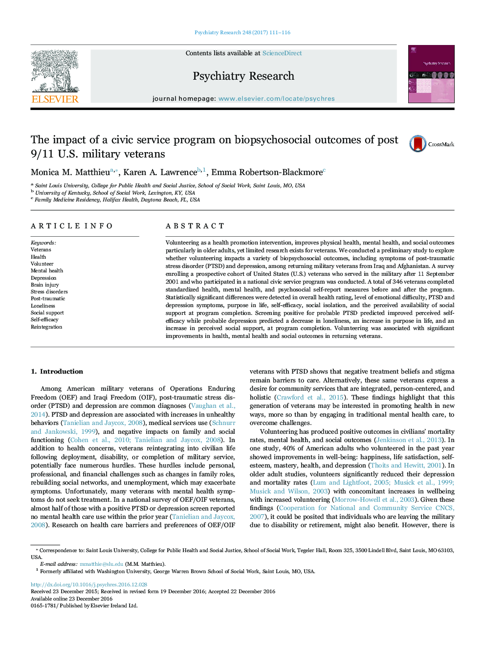 The impact of a civic service program on biopsychosocial outcomes of post 9/11 U.S. military veterans