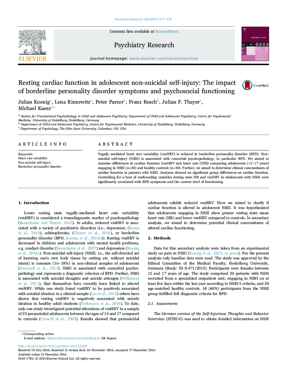 Resting cardiac function in adolescent non-suicidal self-injury: The impact of borderline personality disorder symptoms and psychosocial functioning