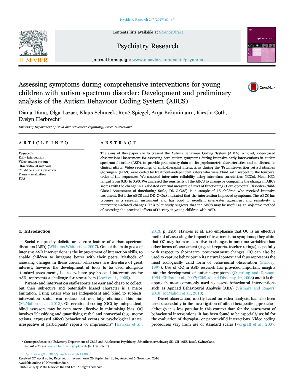 Assessing symptoms during comprehensive interventions for young children with autism spectrum disorder: Development and preliminary analysis of the Autism Behaviour Coding System (ABCS)
