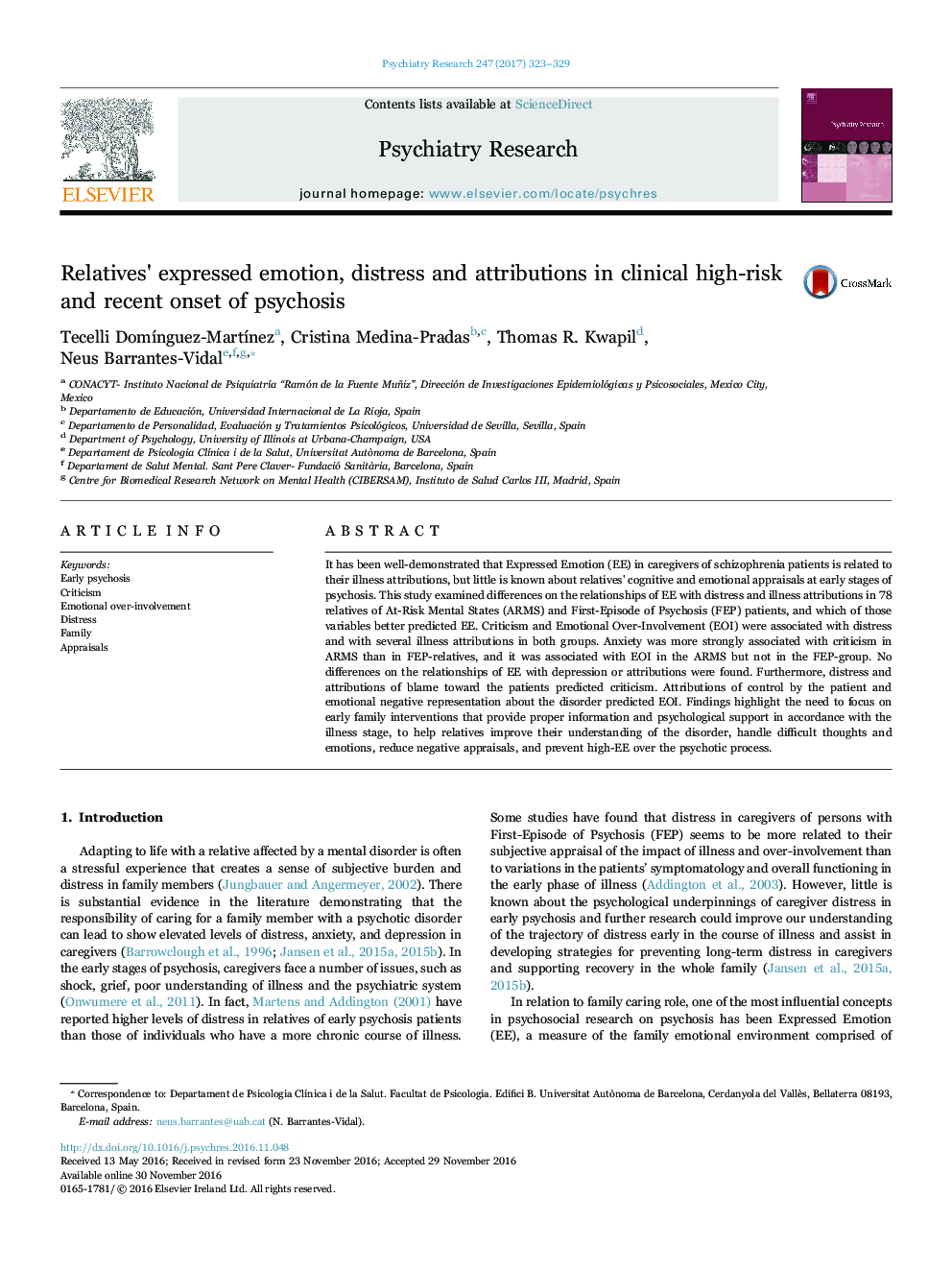 Relatives' expressed emotion, distress and attributions in clinical high-risk and recent onset of psychosis