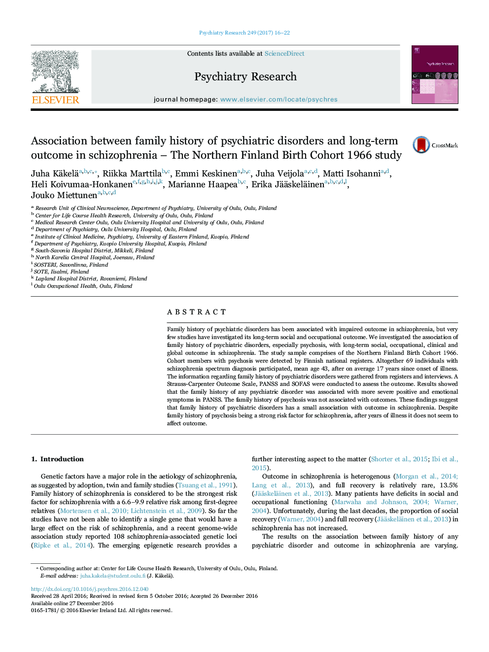 Association between family history of psychiatric disorders and long-term outcome in schizophrenia - The Northern Finland Birth Cohort 1966 study