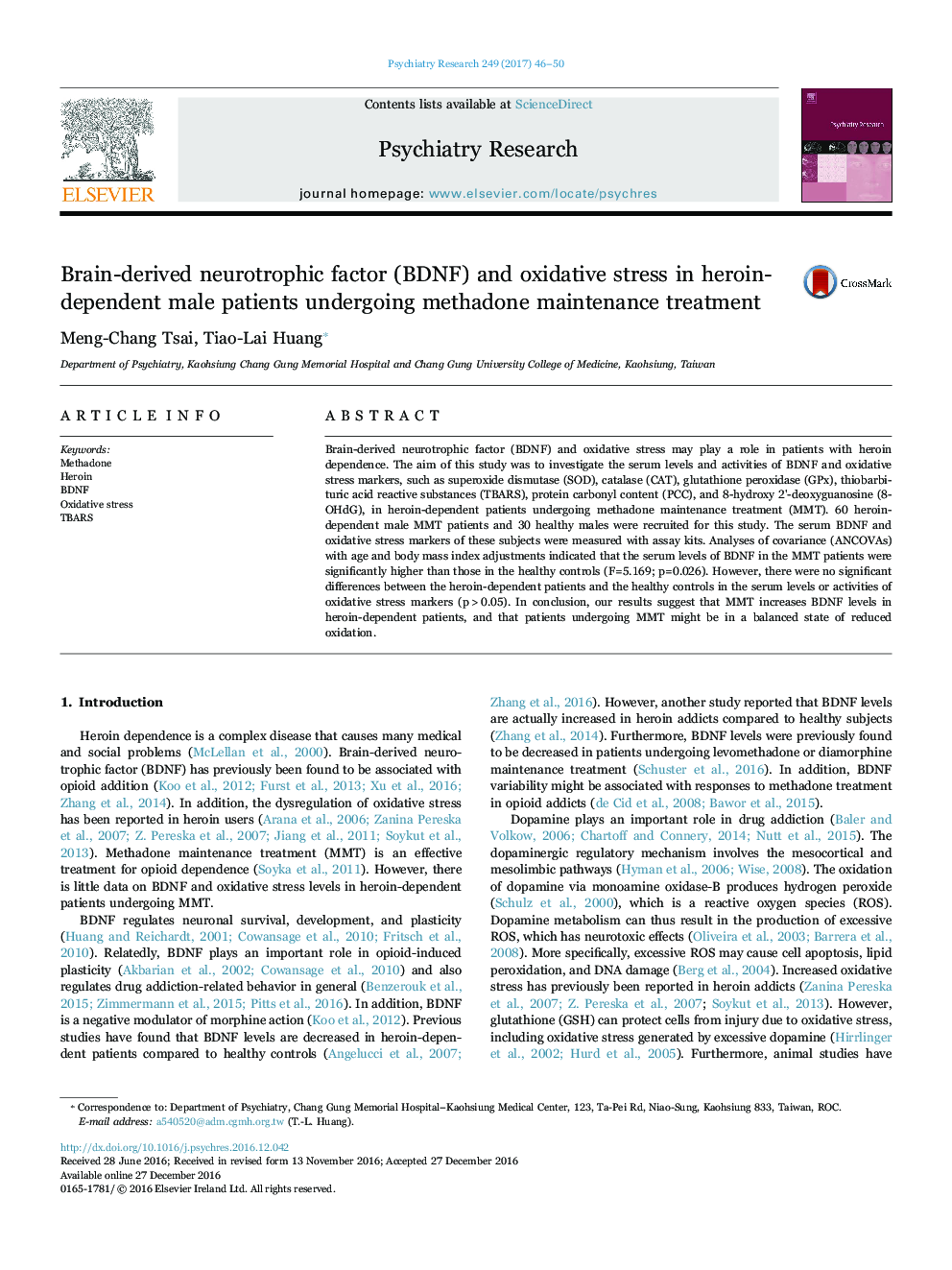 Brain-derived neurotrophic factor (BDNF) and oxidative stress in heroin-dependent male patients undergoing methadone maintenance treatment