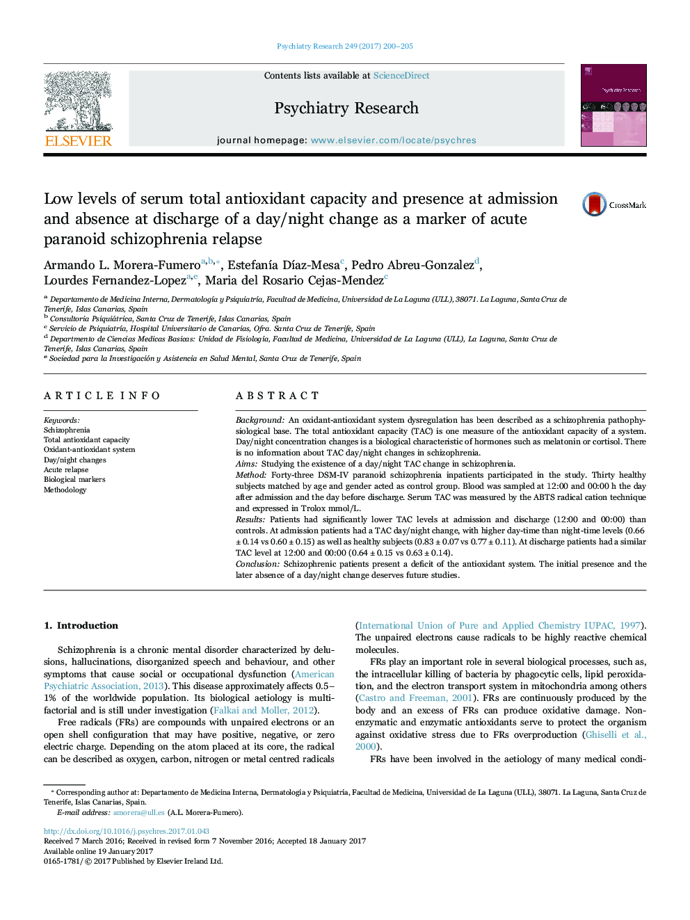 Low levels of serum total antioxidant capacity and presence at admission and absence at discharge of a day/night change as a marker of acute paranoid schizophrenia relapse