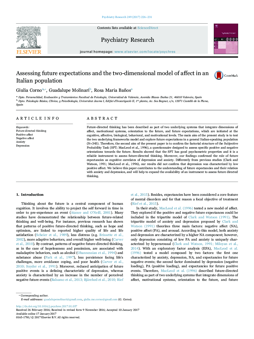 Assessing future expectations and the two-dimensional model of affect in an Italian population