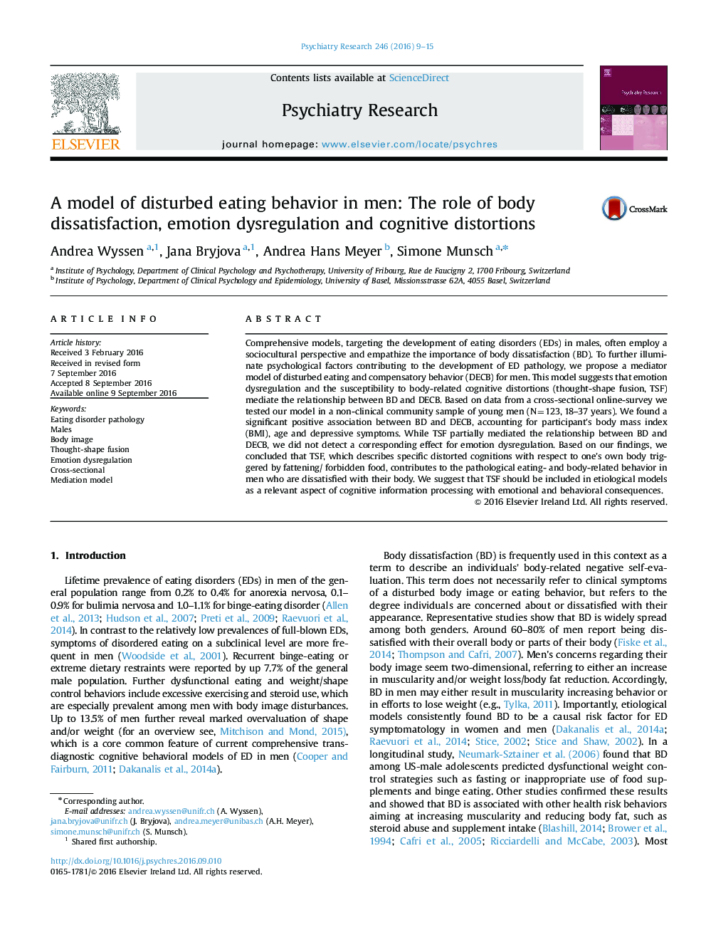 A model of disturbed eating behavior in men: The role of body dissatisfaction, emotion dysregulation and cognitive distortions