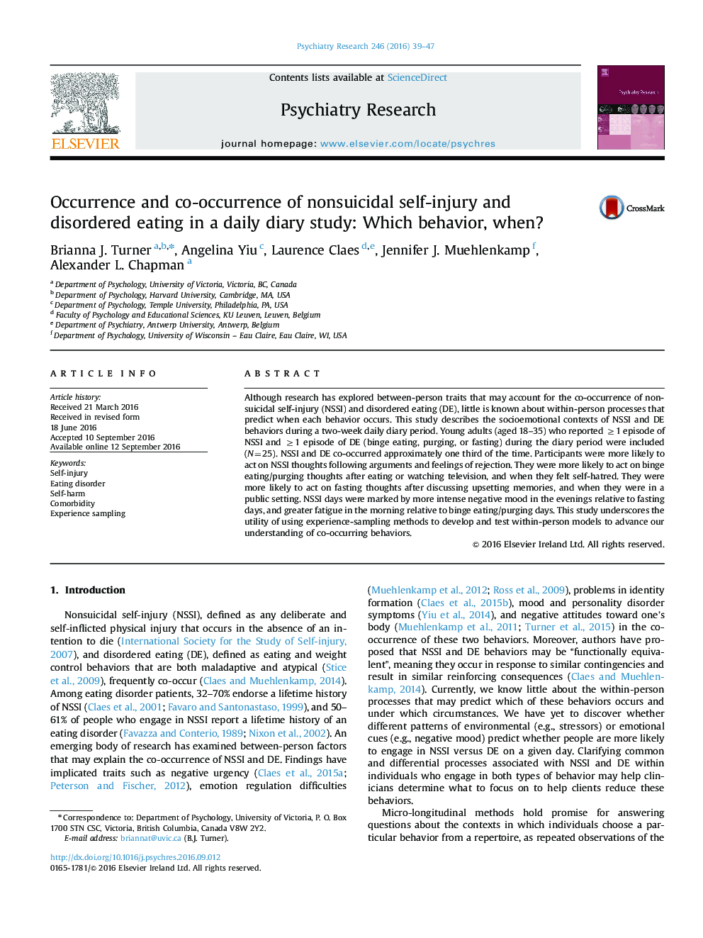 Occurrence and co-occurrence of nonsuicidal self-injury and disordered eating in a daily diary study: Which behavior, when?