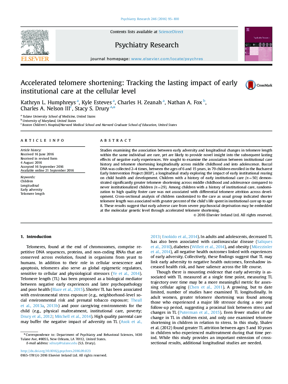 Accelerated telomere shortening: Tracking the lasting impact of early institutional care at the cellular level