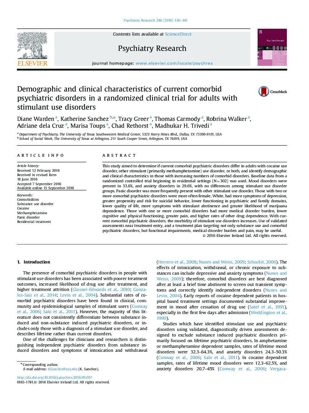 Demographic and clinical characteristics of current comorbid psychiatric disorders in a randomized clinical trial for adults with stimulant use disorders