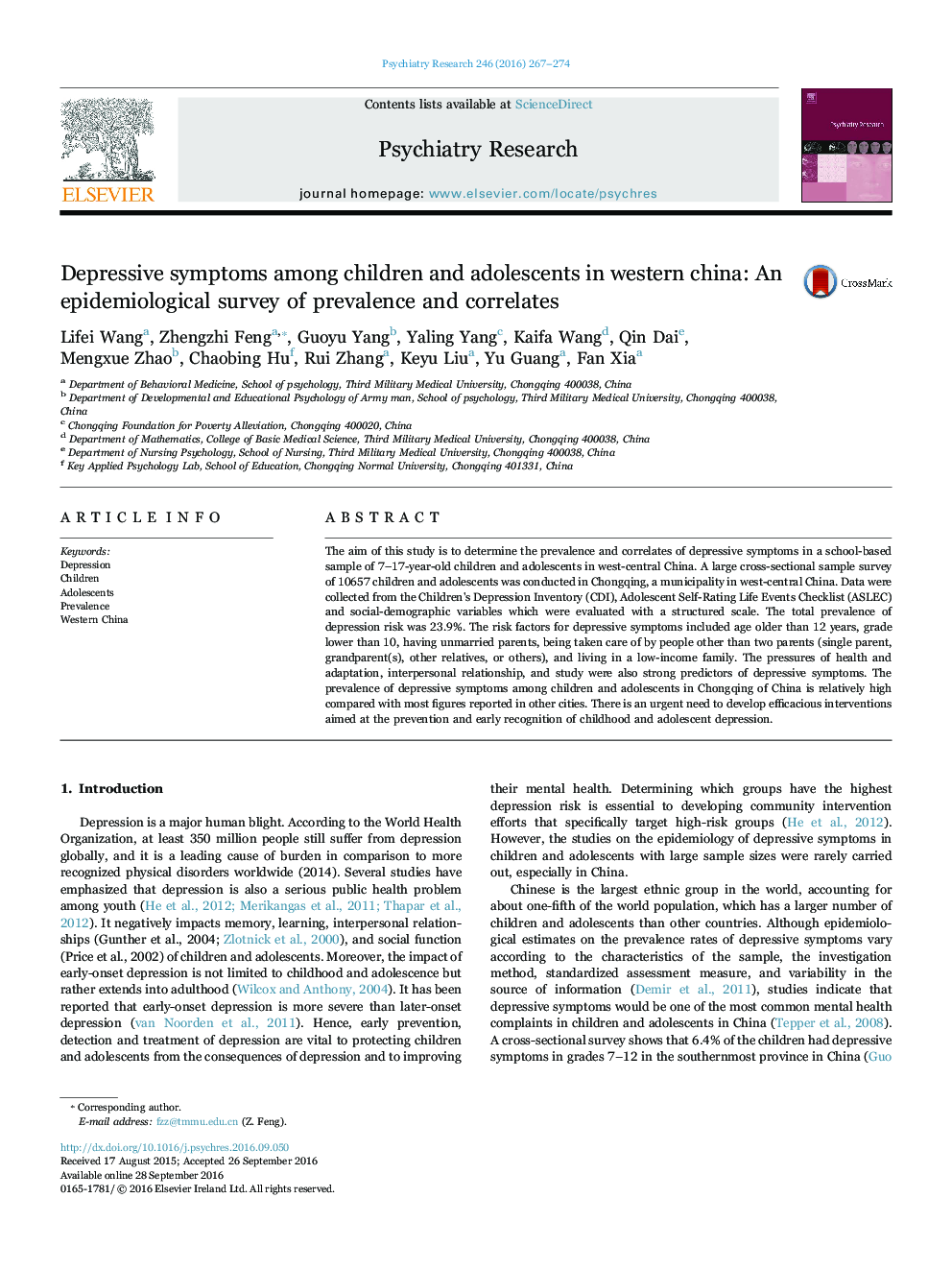 Depressive symptoms among children and adolescents in western china: An epidemiological survey of prevalence and correlates