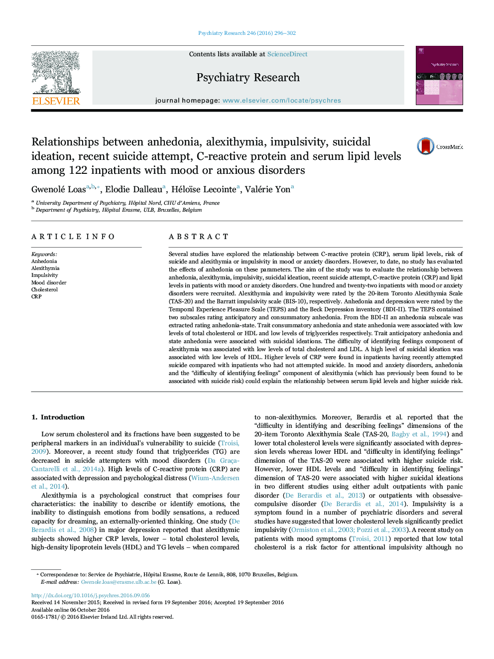 Relationships between anhedonia, alexithymia, impulsivity, suicidal ideation, recent suicide attempt, C-reactive protein and serum lipid levels among 122 inpatients with mood or anxious disorders