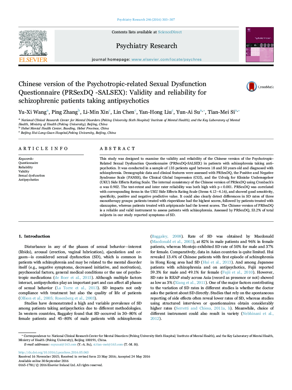 Chinese version of the Psychotropic-related Sexual Dysfunction Questionnaire (PRSexDQ -SALSEX): Validity and reliability for schizophrenic patients taking antipsychotics