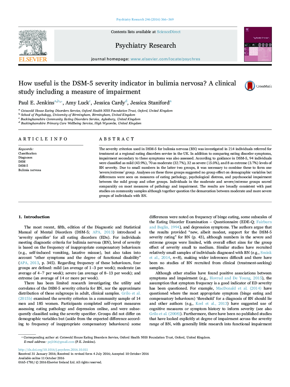 How useful is the DSM-5 severity indicator in bulimia nervosa? A clinical study including a measure of impairment