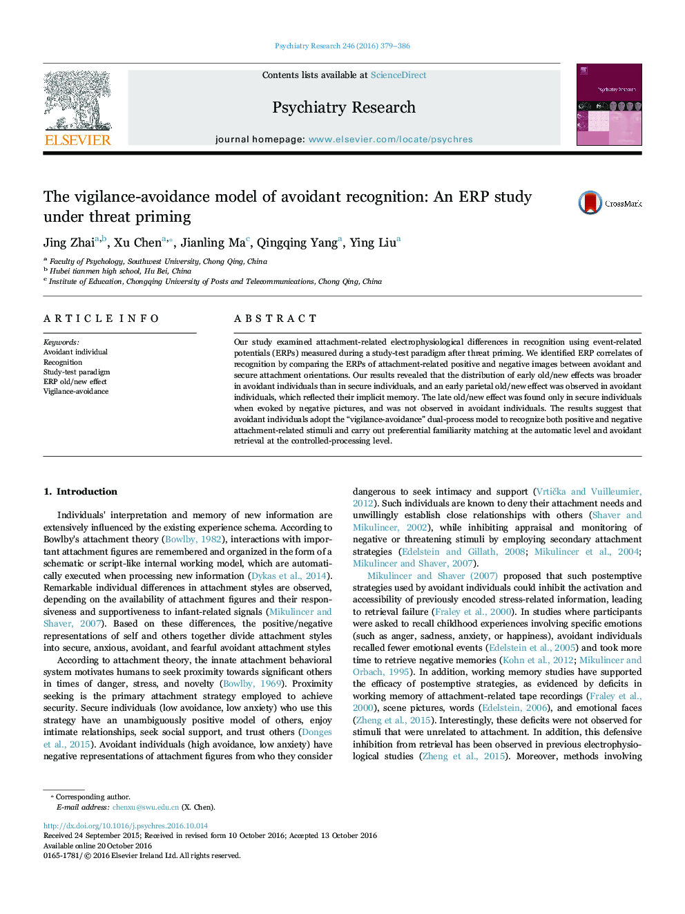 The vigilance-avoidance model of avoidant recognition: An ERP study under threat priming