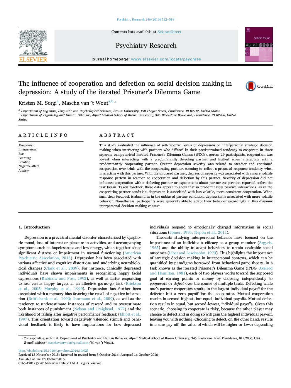 The influence of cooperation and defection on social decision making in depression: A study of the iterated Prisoner's Dilemma Game