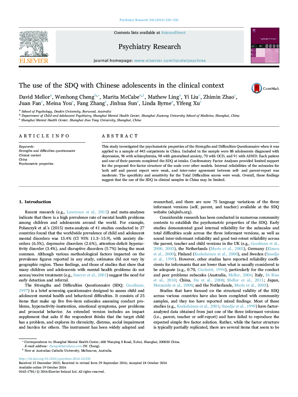 The use of the SDQ with Chinese adolescents in the clinical context