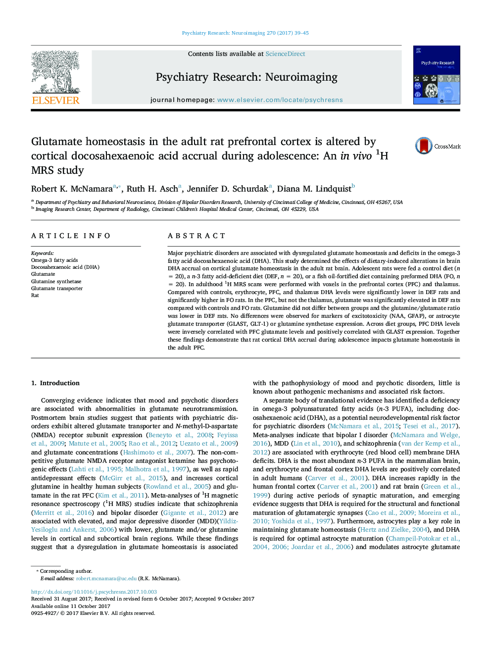 Glutamate homeostasis in the adult rat prefrontal cortex is altered by cortical docosahexaenoic acid accrual during adolescence: An in vivo1H MRS study